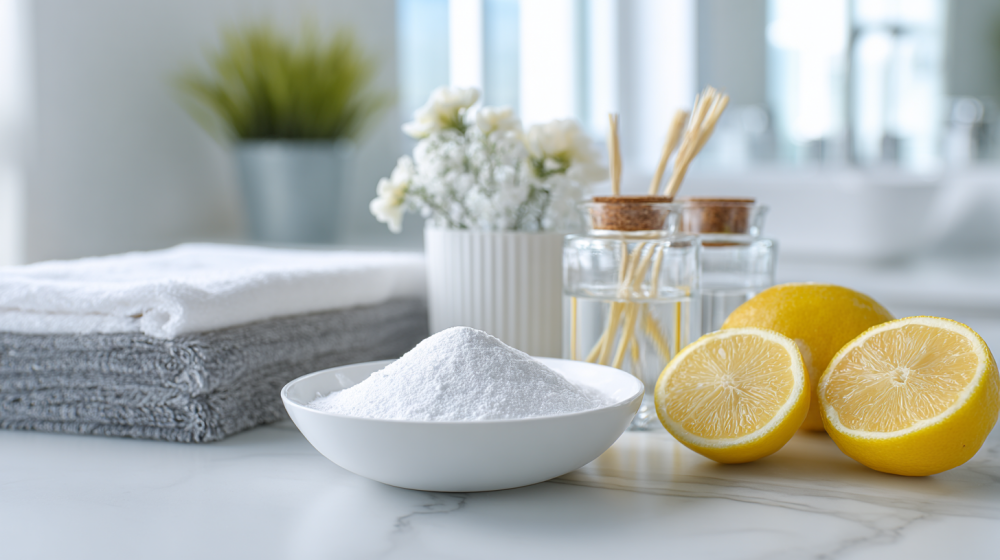 お風呂のカビ掃除に重曹とクエン酸を用意している様子