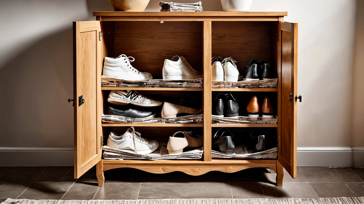 新聞紙を使った靴箱の湿気取りのイメージ