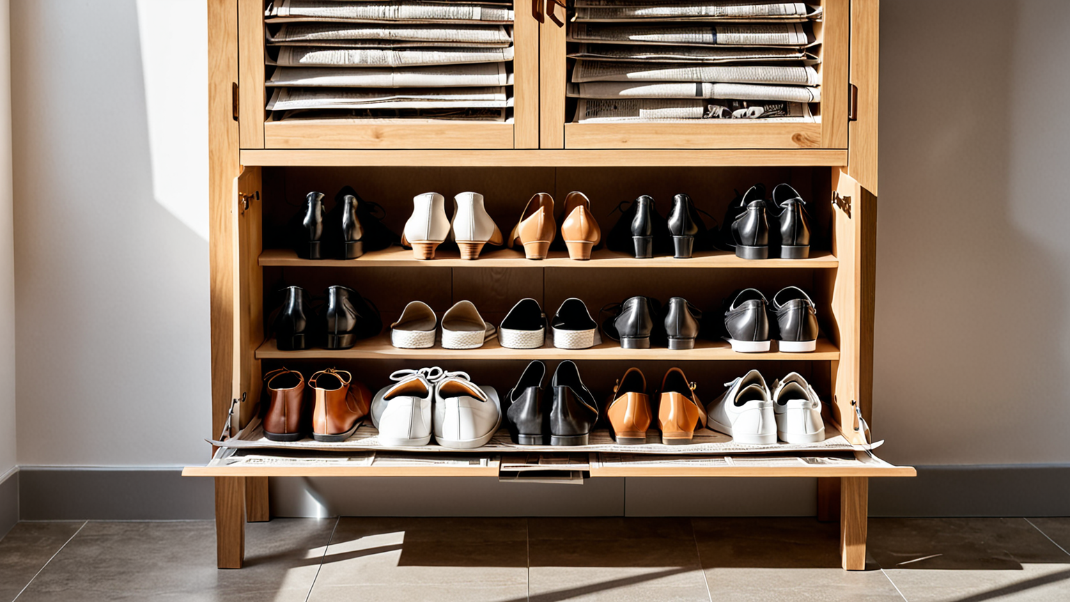 新聞紙を靴箱に敷いている様子