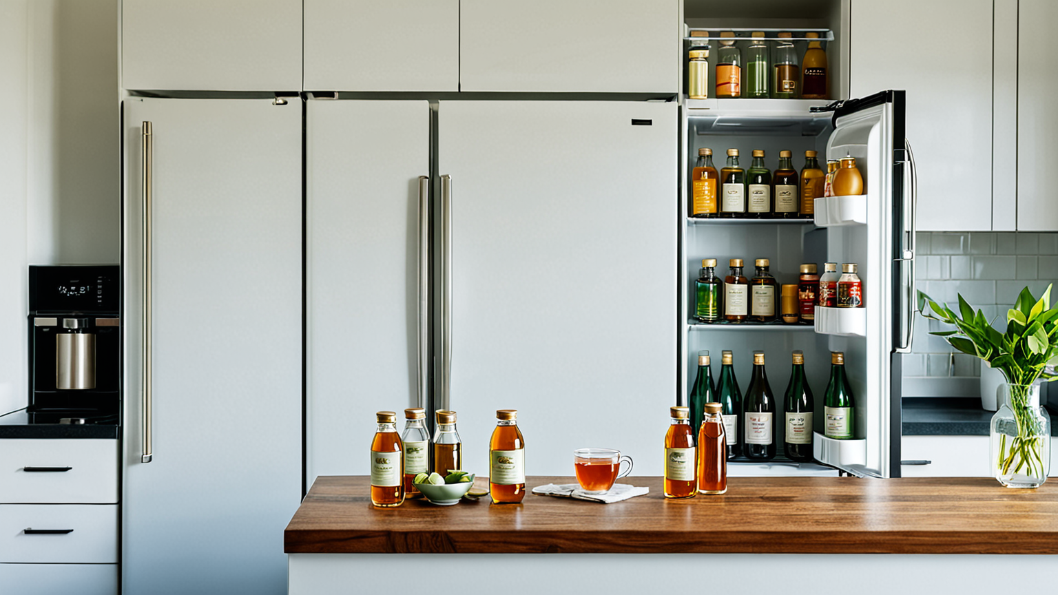 ペットボトルのお茶と冷蔵庫のイメージ