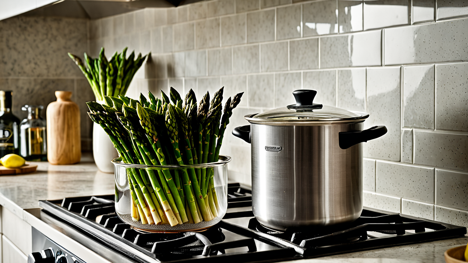 鍋でアスパラを茹でている様子