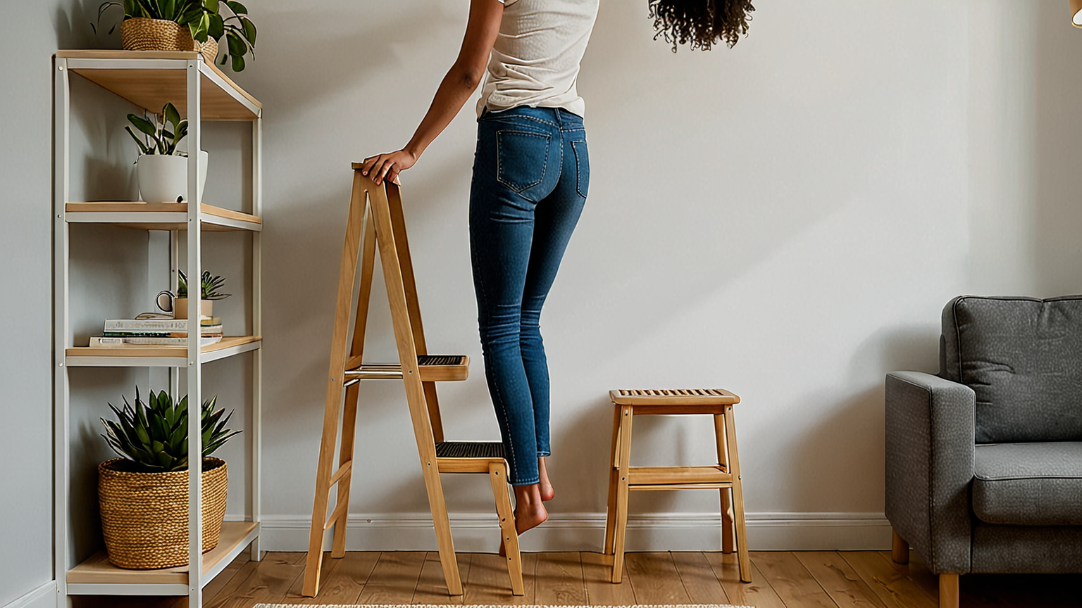 踏み台を使いながら収納にアクセスする様子