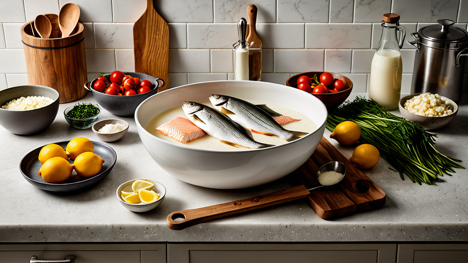 キッチンで魚を牛乳に浸す手順