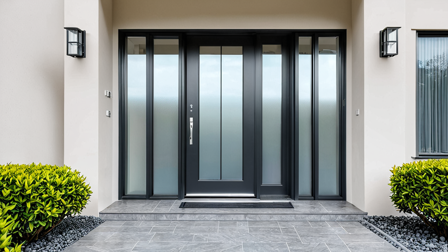 玄関ドアのアルミ部分をスポンジで掃除している様子