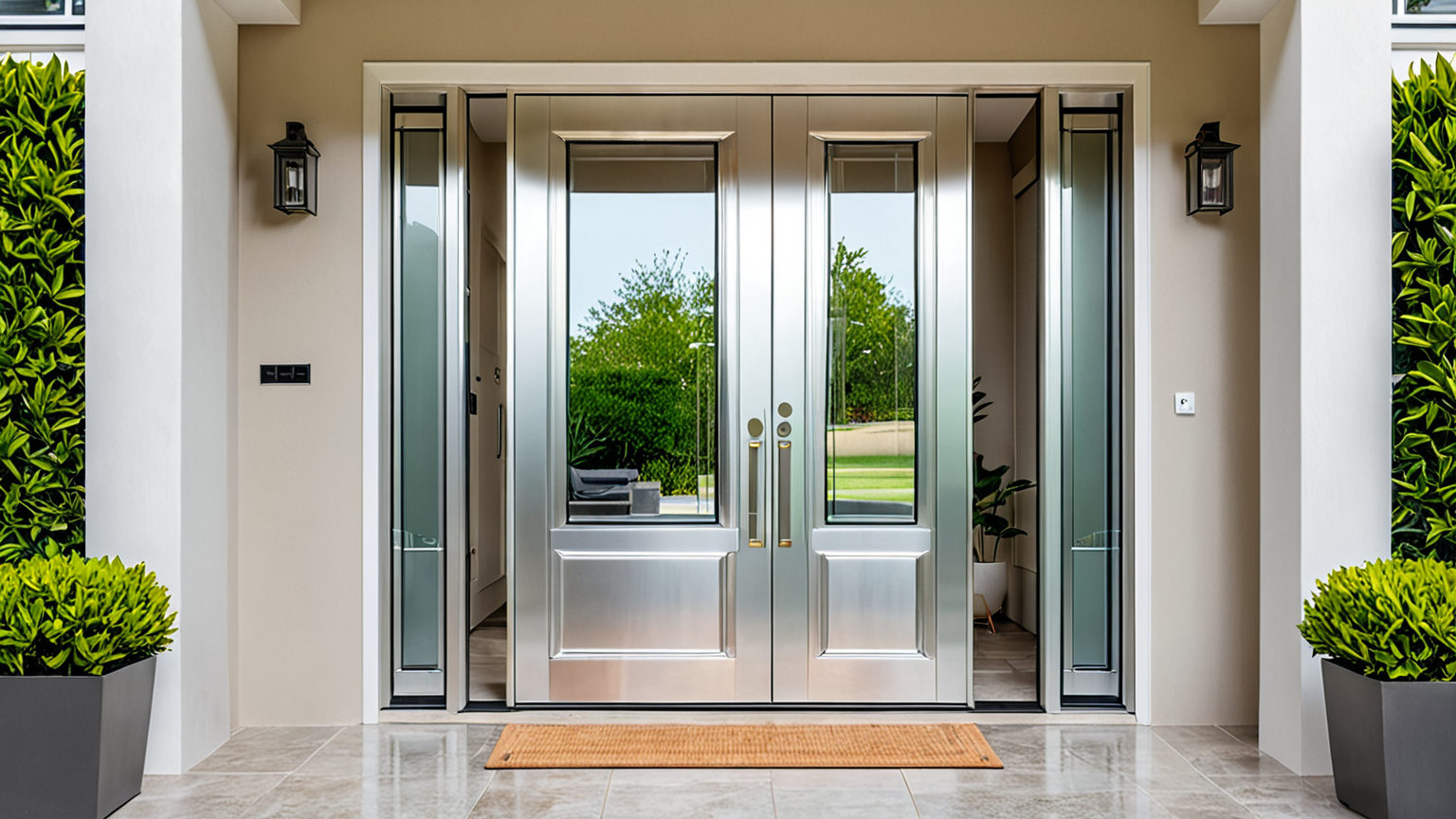 きれいに磨かれた玄関ドアのアルミ部分