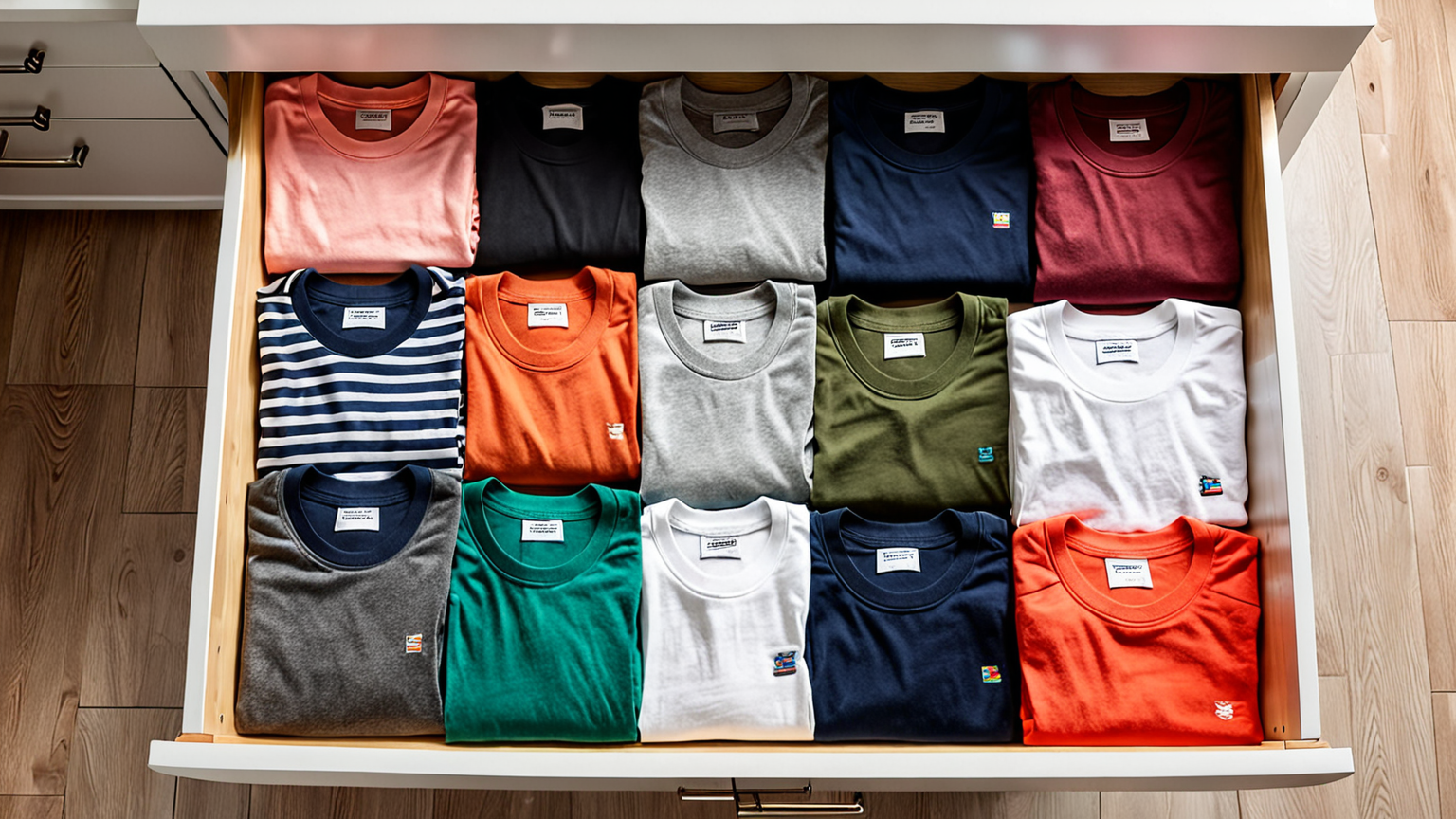 立てて収納されたカラフルなTシャツ