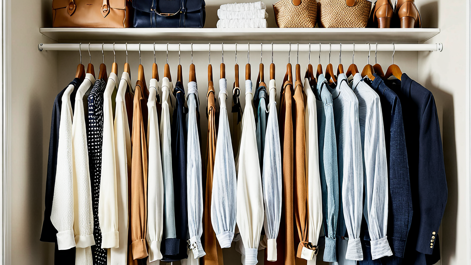 整理されたクローゼットに多段ハンガーを使う様子