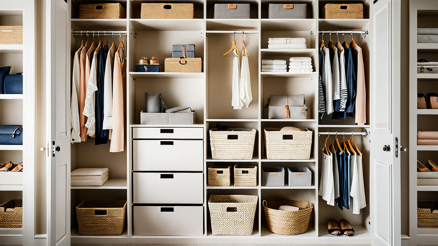 クローゼット内でボックスと仕切りを活用した収納例