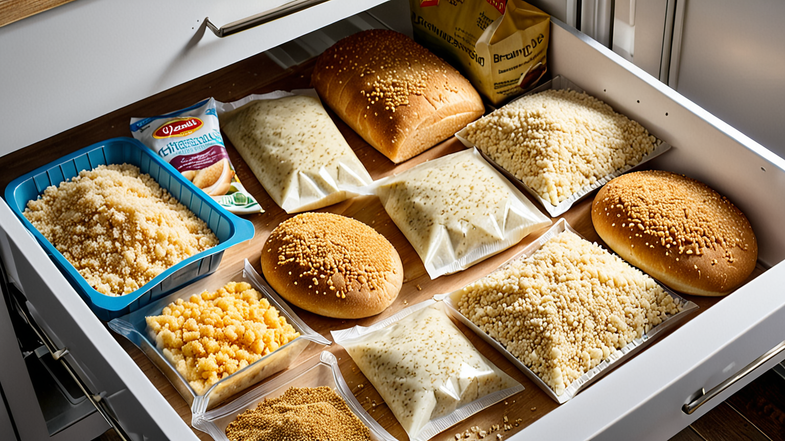 冷凍庫で保存されたパン粉の袋