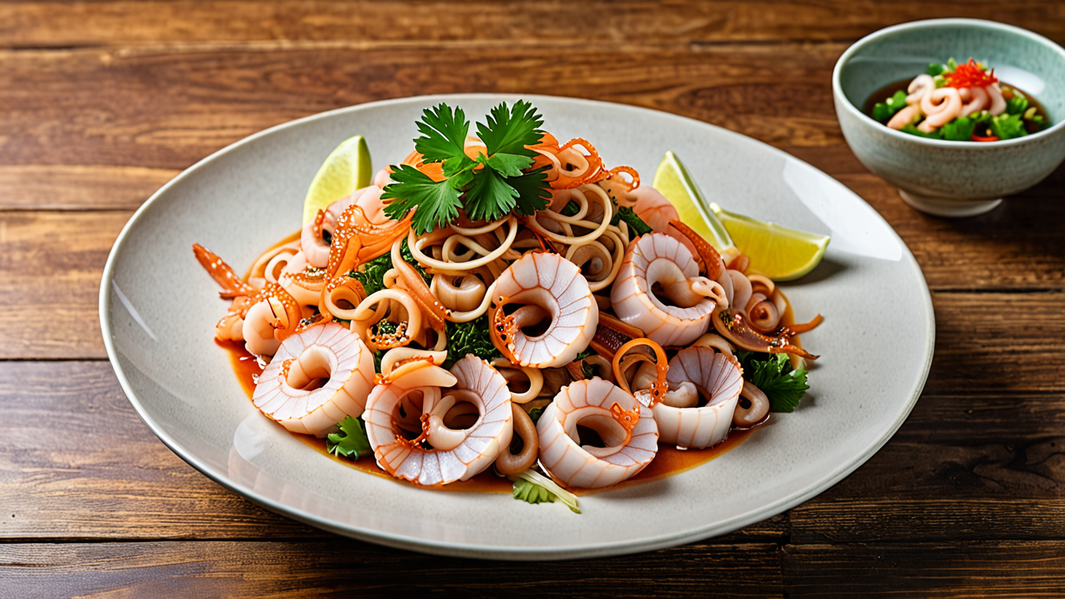 イカの刺身と炒め物の盛り付け例