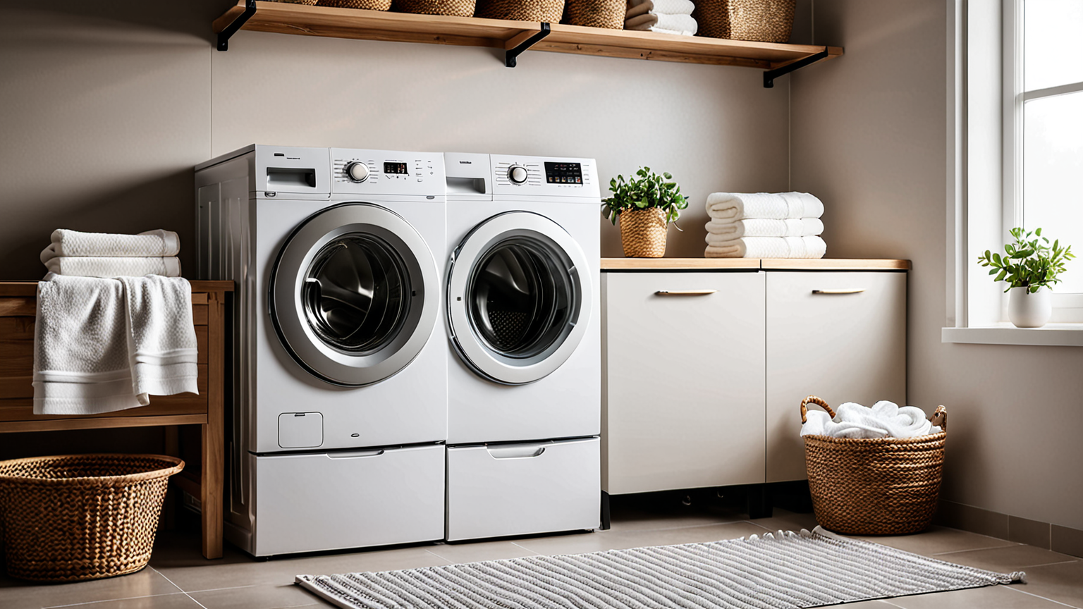 清潔な洗濯機と干されたタオル