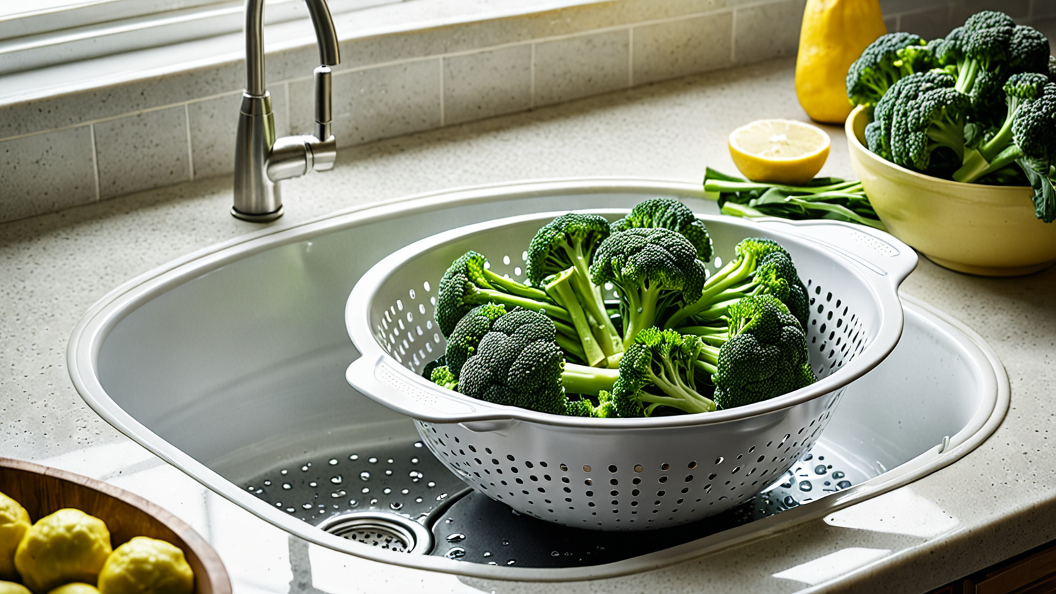 ブロッコリーを軽く茹でて冷水にさらしている様子