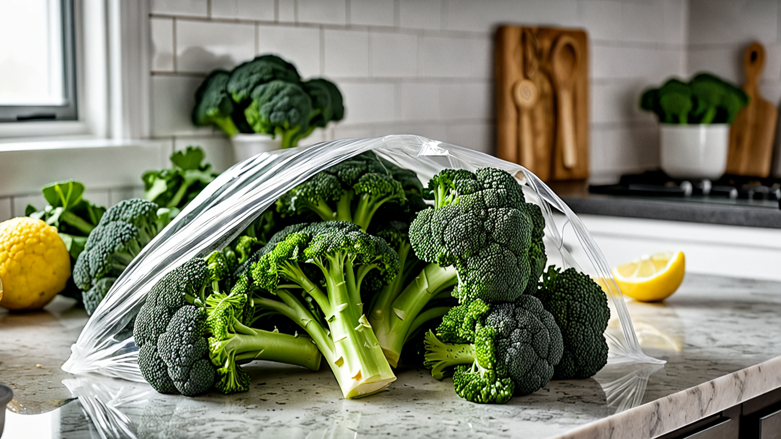 ブロッコリーを保存袋に入れて空気を抜く様子