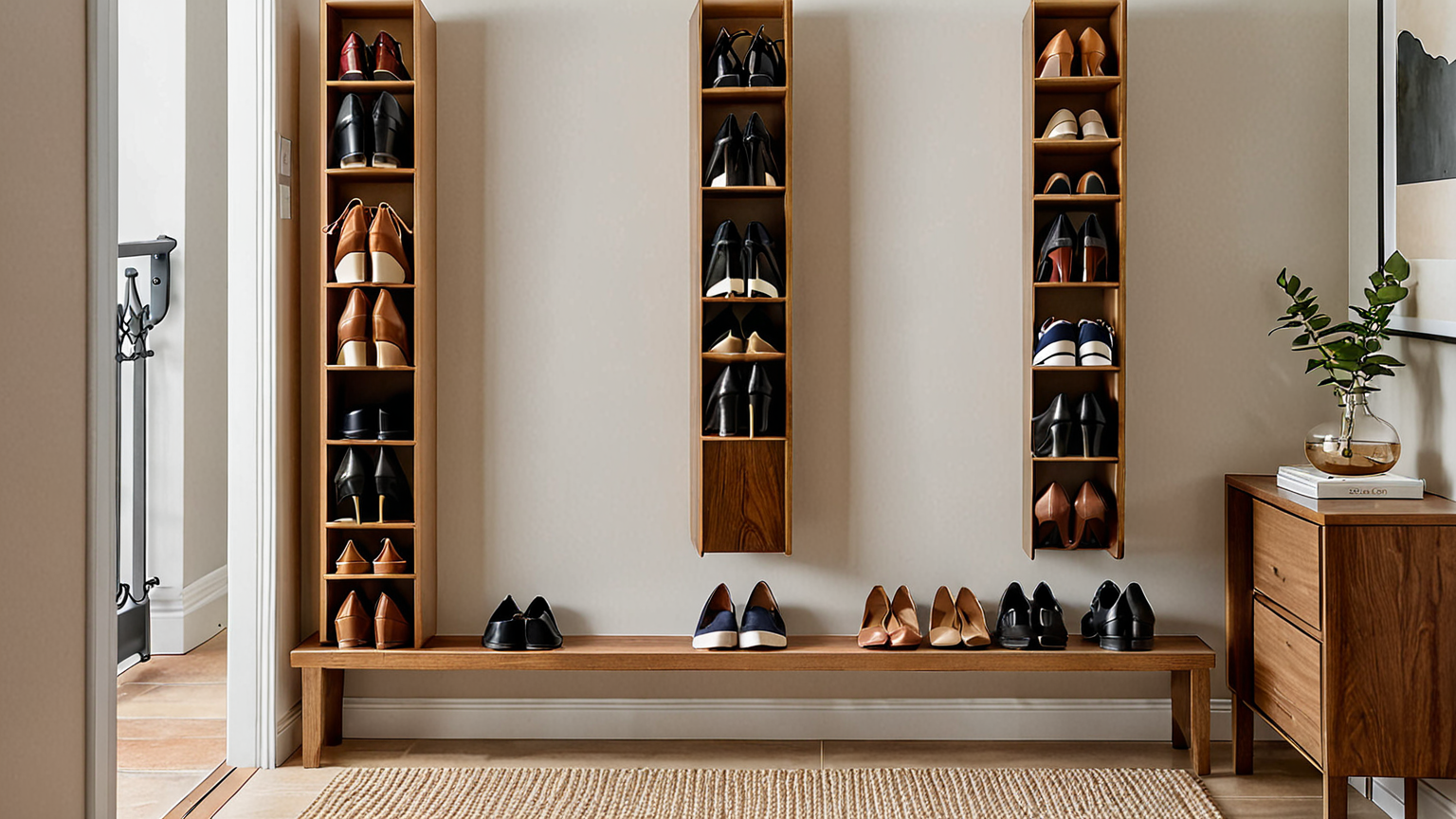 狭い玄関で縦置き靴収納ラックを使う様子