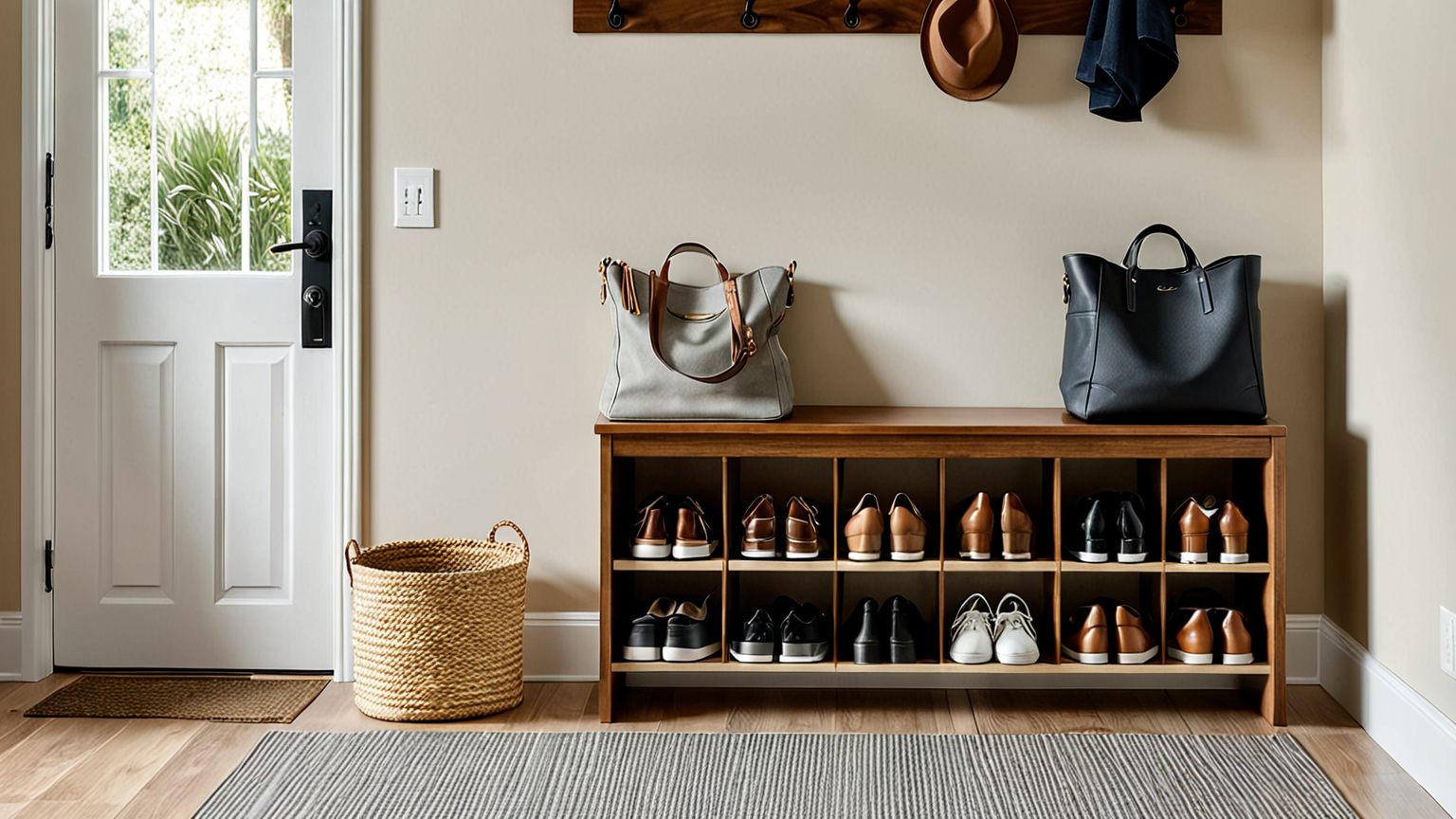 玄関の靴収納を掃除している様子