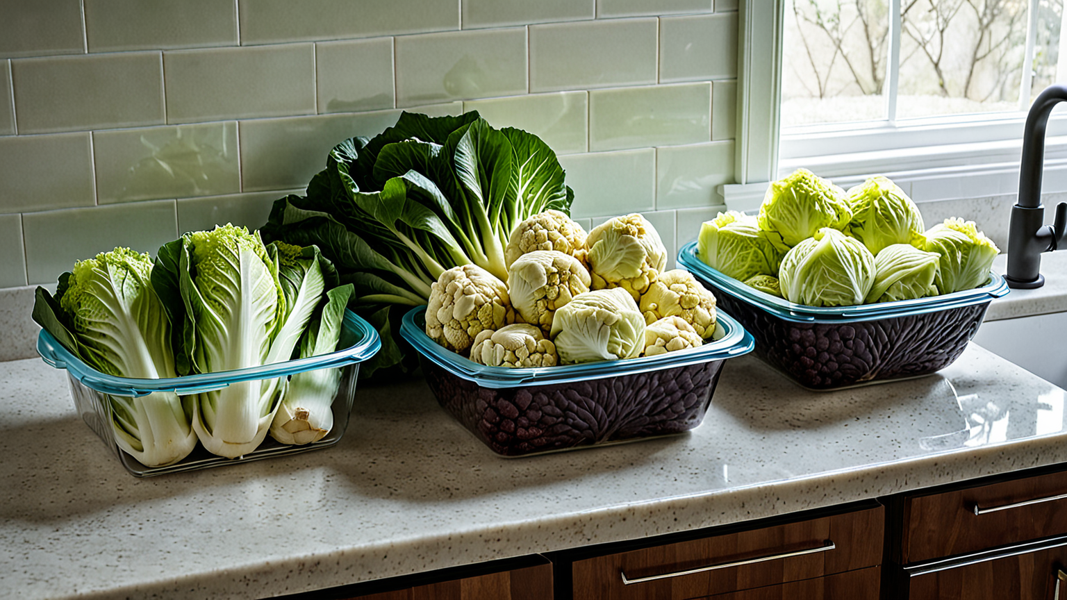 冷凍保存されたしょうがの容器と白菜の保存例