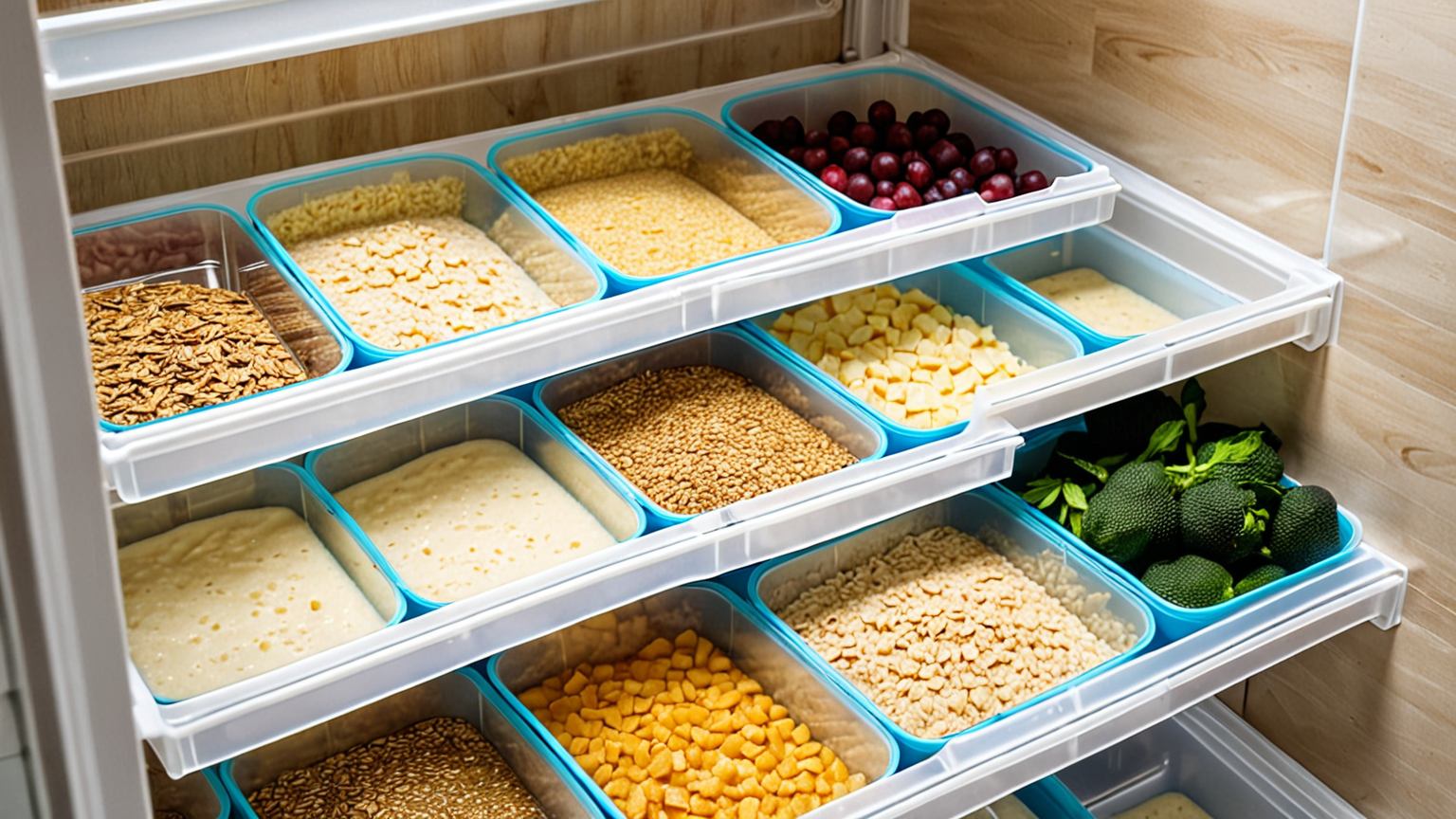 お粥がタッパーに入って冷凍庫に並んでいる様子