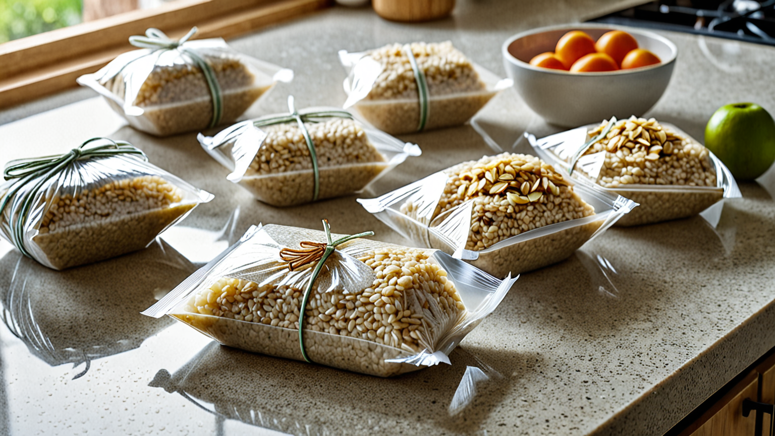 お粥を小分けしてラップで包む手元