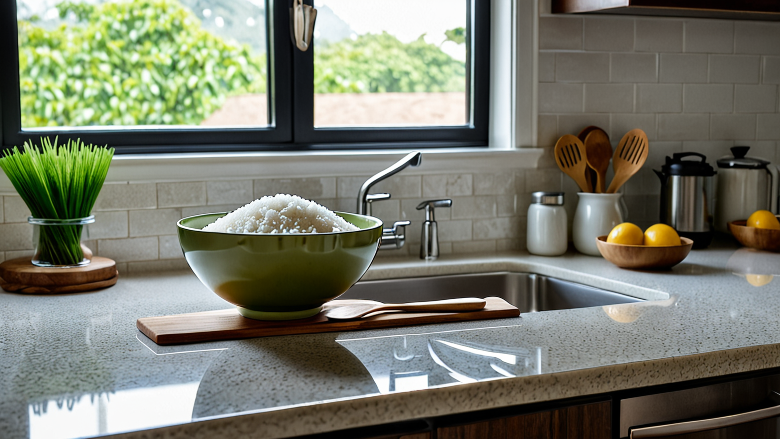 清潔なキッチンで冷凍ご飯を準備する様子