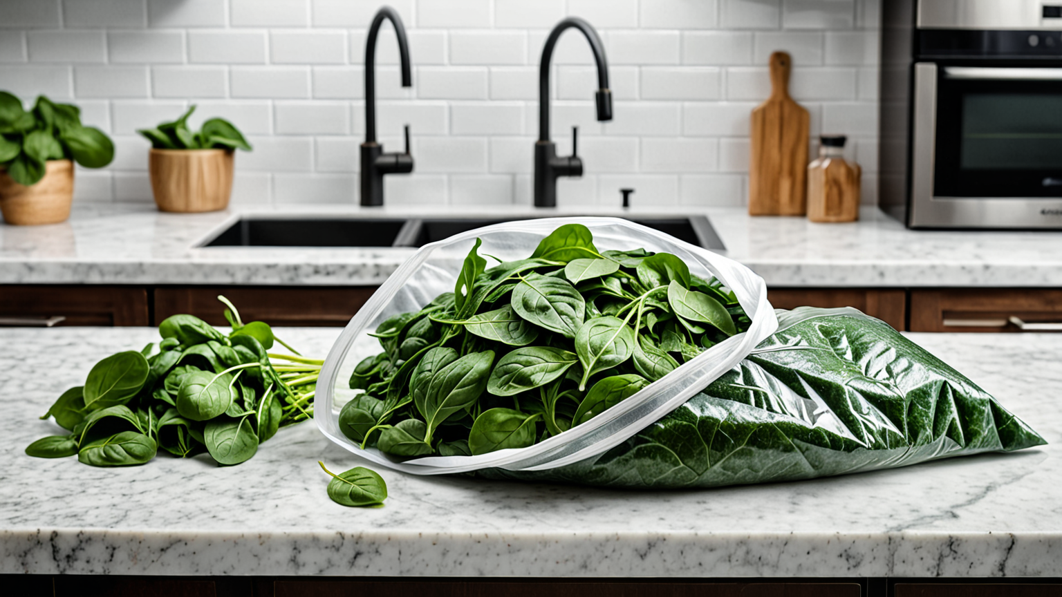 ほうれん草を冷凍用袋に入れている様子