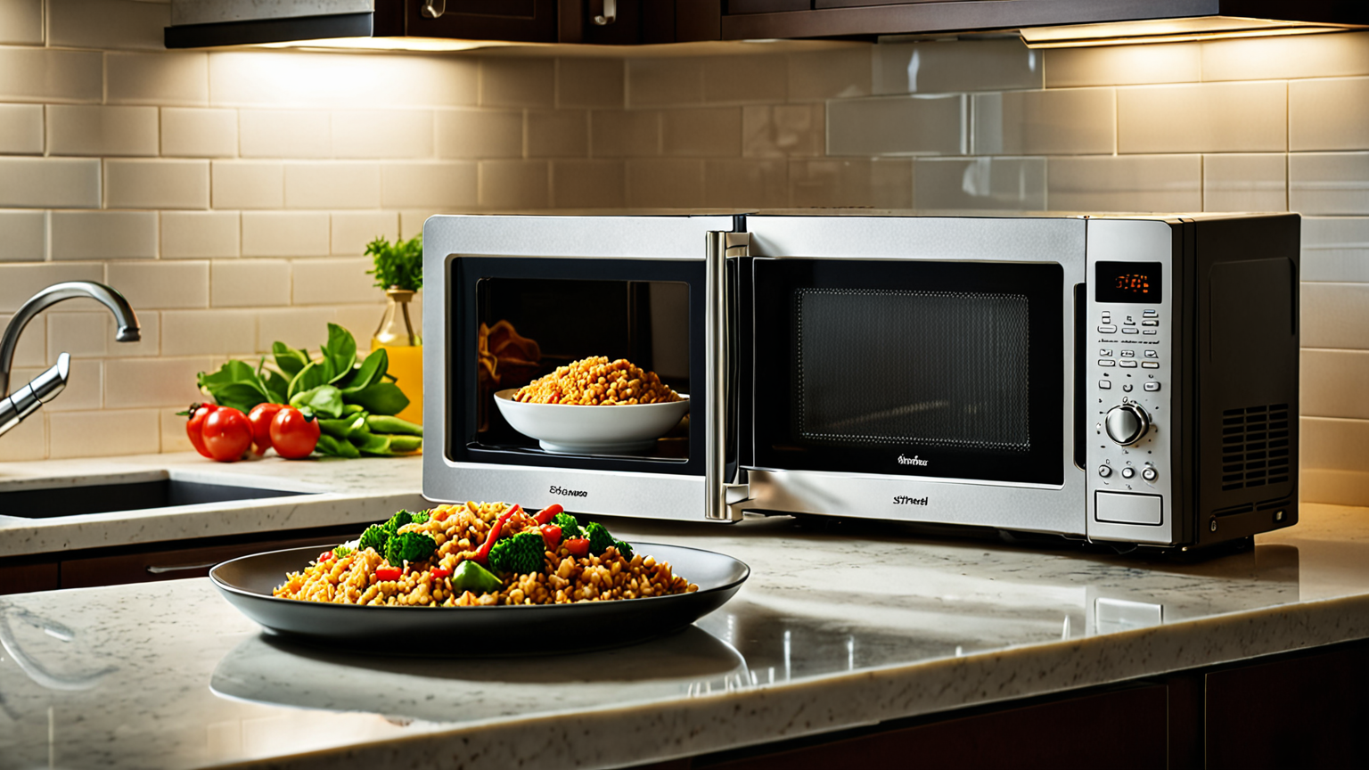 電子レンジで炒め物を温めている様子