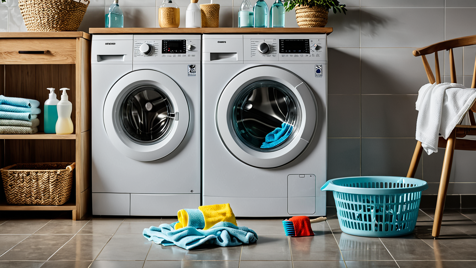 掃除ブラシと洗剤が並んだ洗濯機周辺