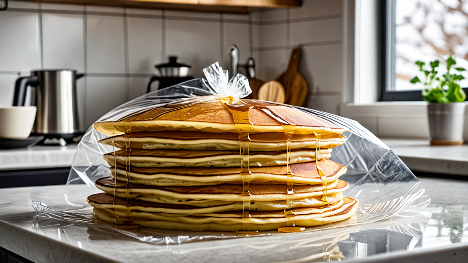 ラップで包まれたホットケーキの冷凍準備