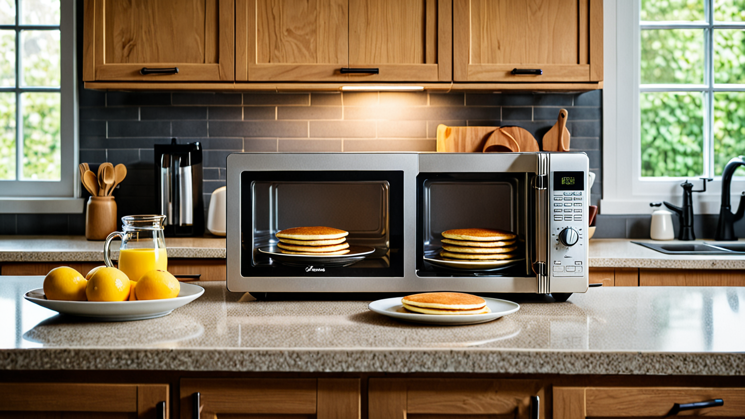 電子レンジでホットケーキを温める様子