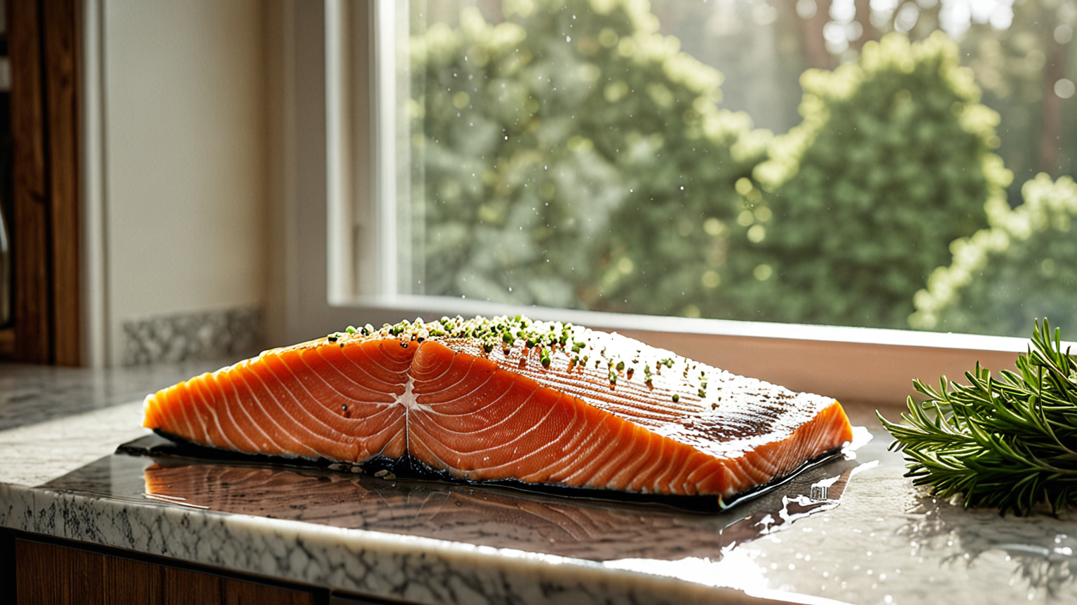 解凍中のサーモンがキッチンで置かれている様子
