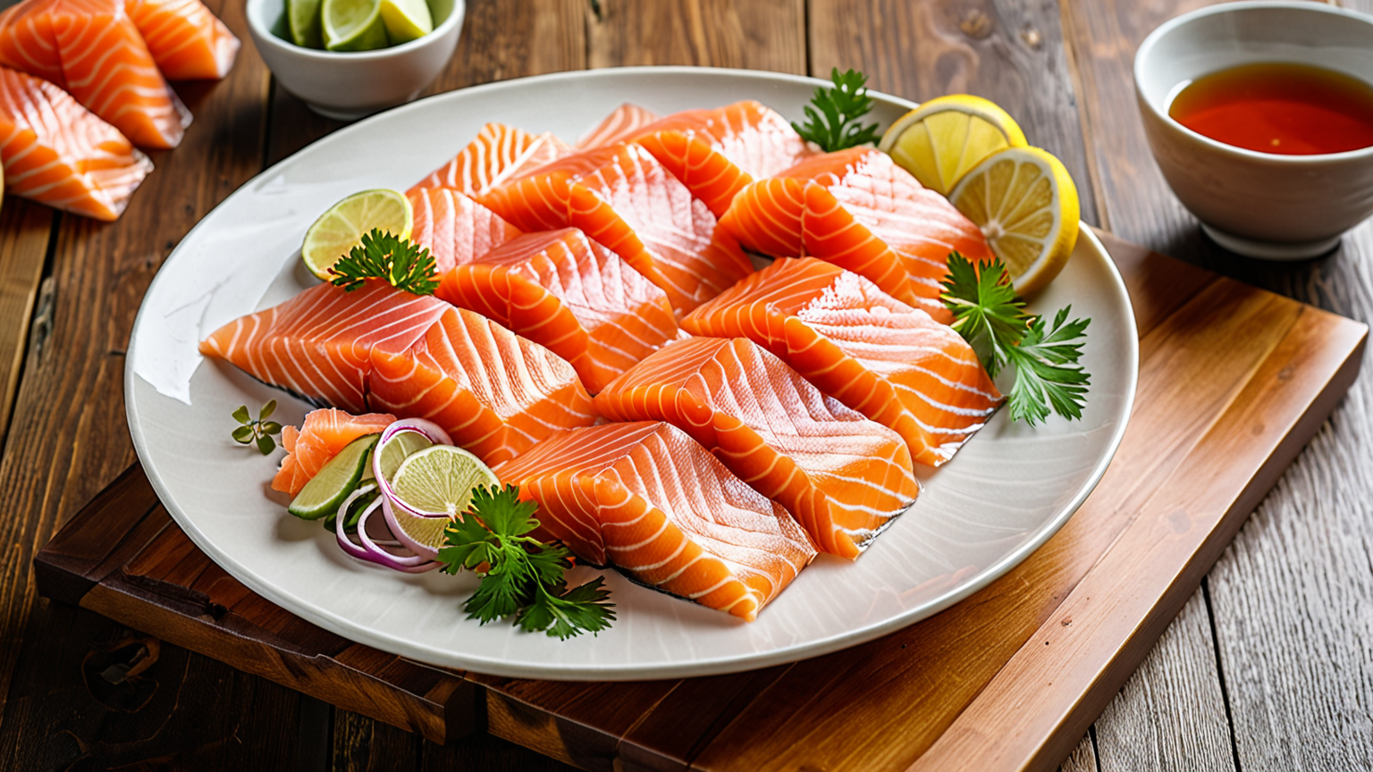 新鮮なサーモンの刺身が盛り付けられている