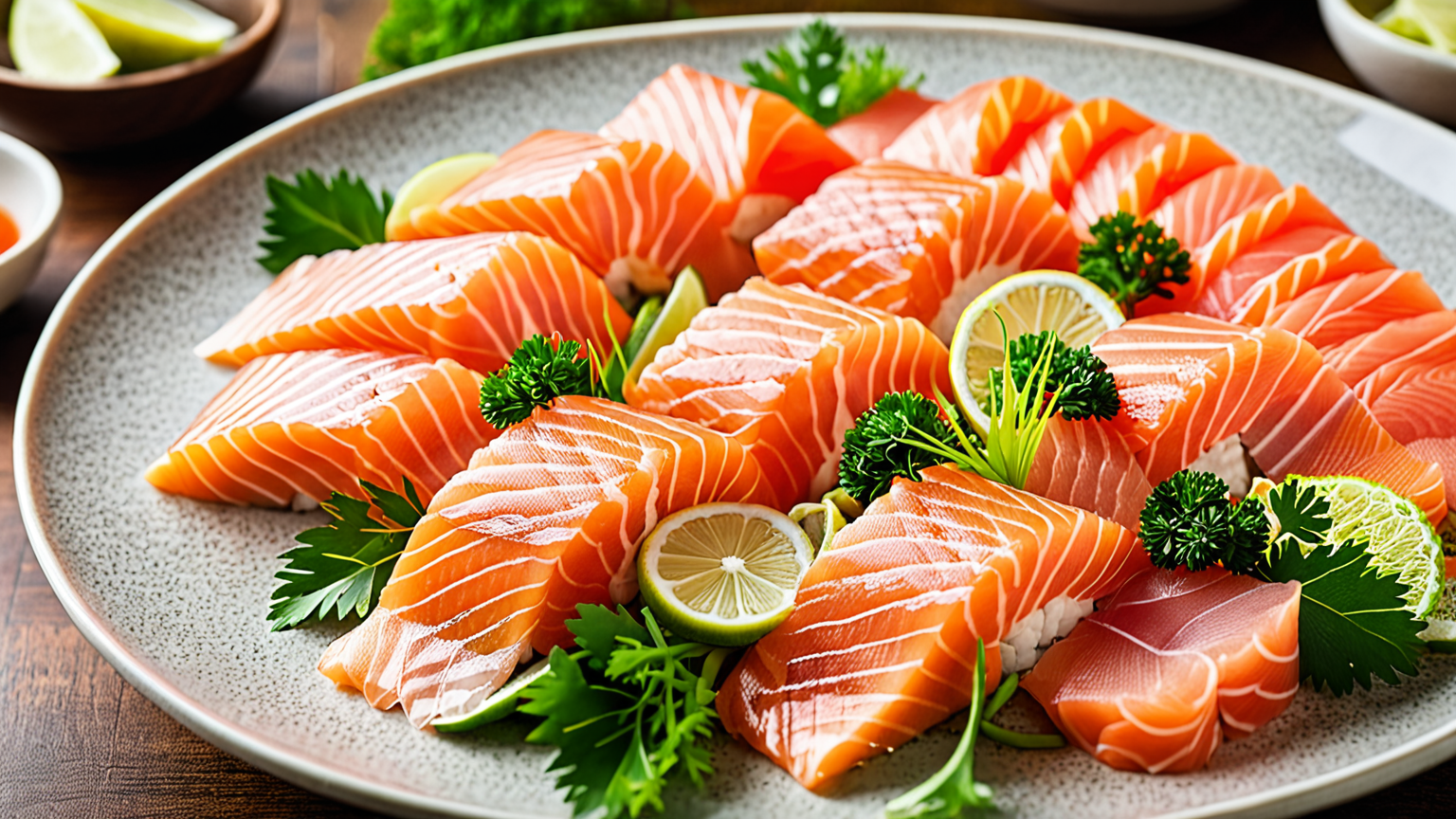 サーモンの刺身を使った彩り豊かな料理