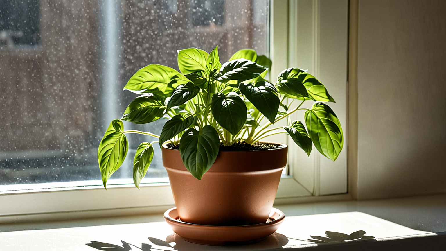 鉢植えの健康なバジルが日当たり良い場所で育っている様子