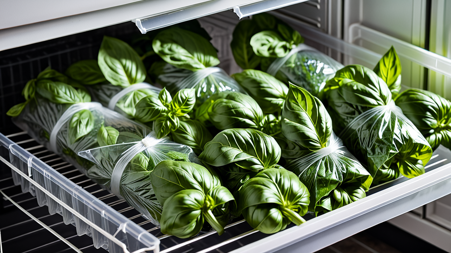 新鮮なバジルをラップで包んで冷蔵保存している様子