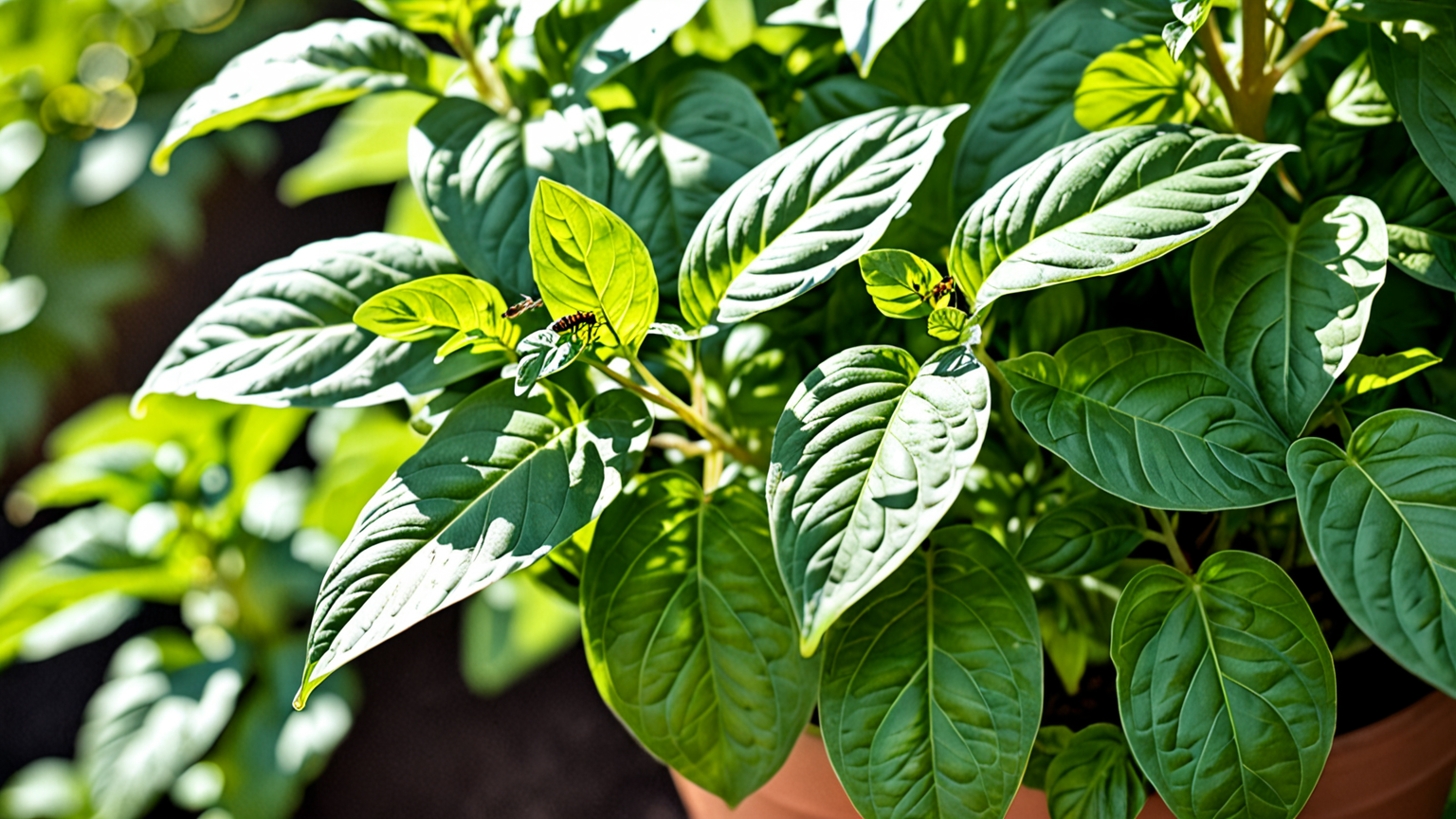 バジルについたアブラムシを手で取り除いている様子