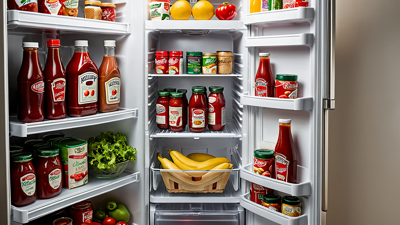 ケチャップを冷蔵庫内の奥に保存する様子