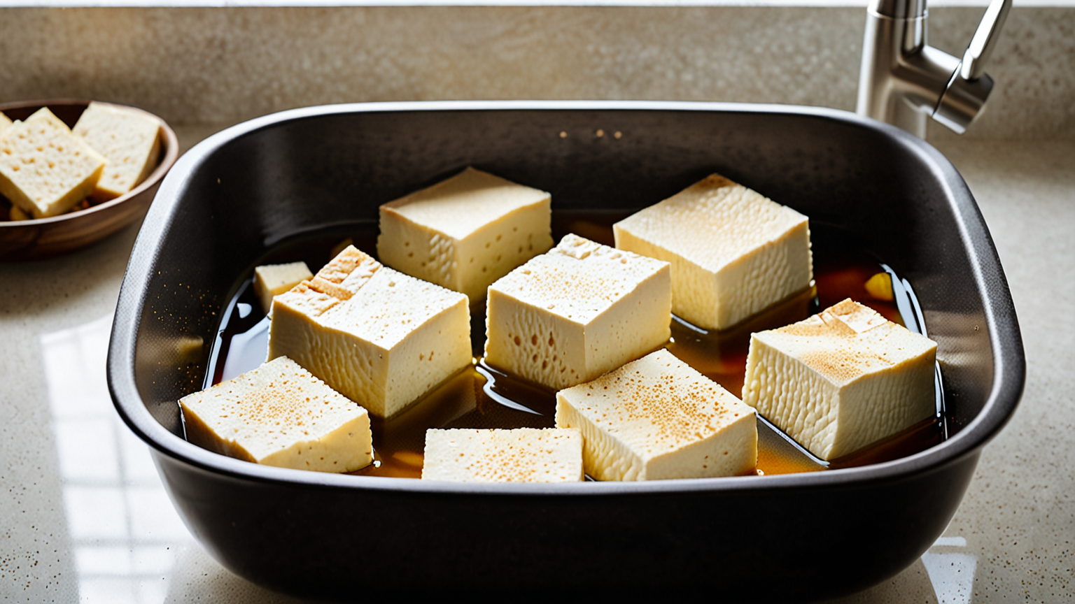 油揚げをお湯で油抜きしている様子