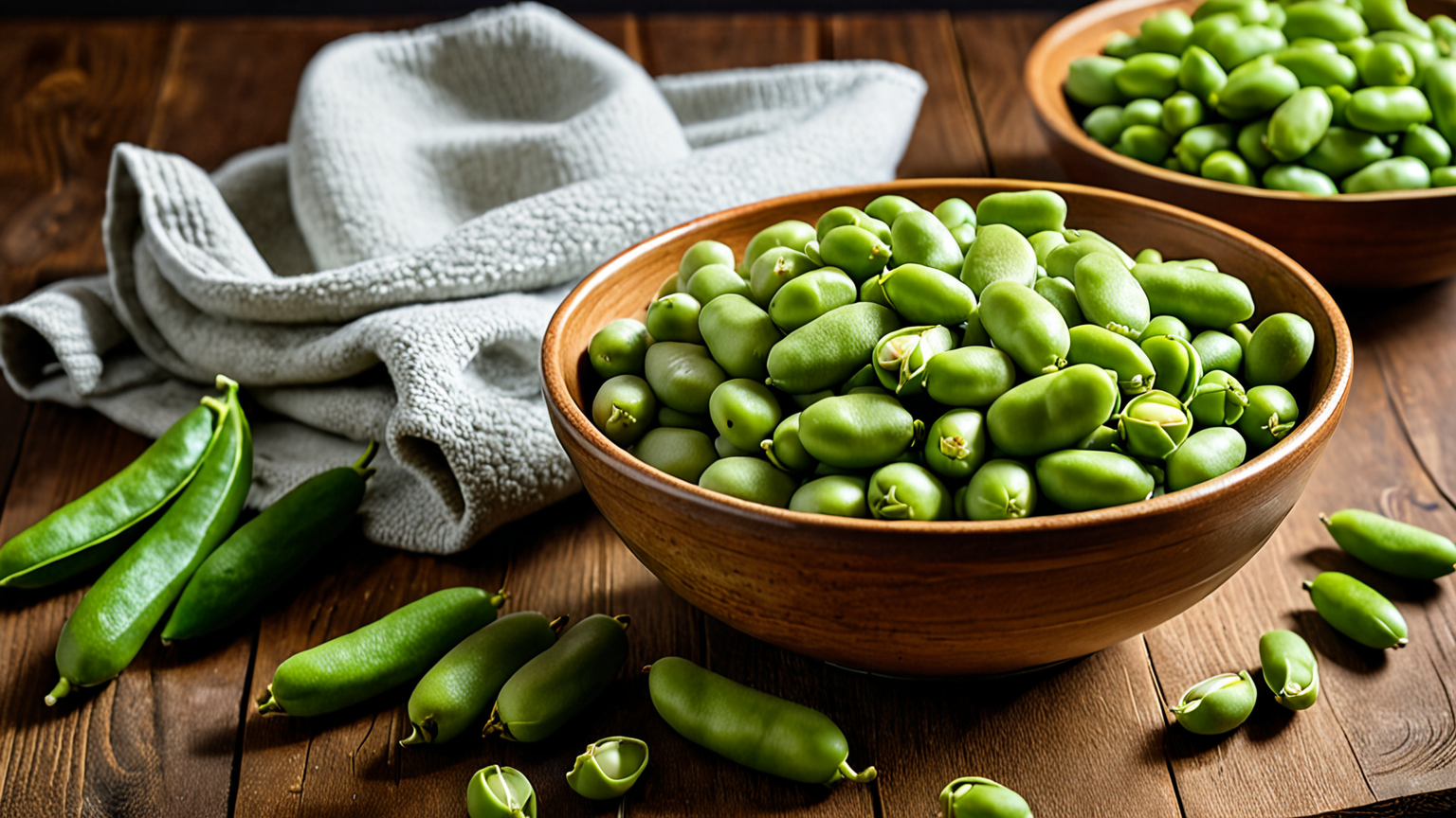 そら豆の薄皮を丁寧にむく手元のアップ