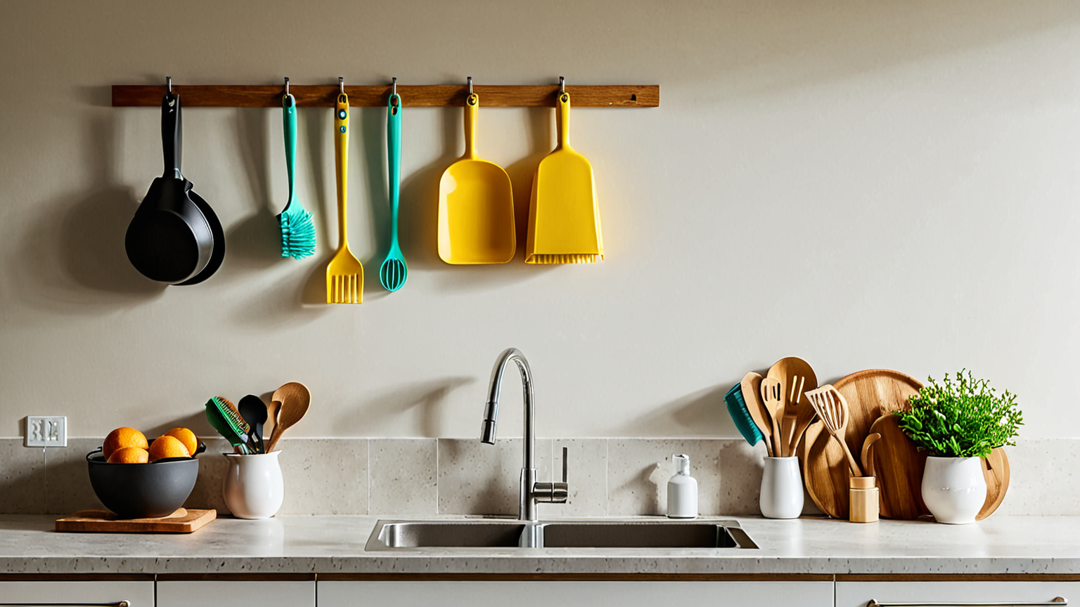 掃除用具とキッチンの壁