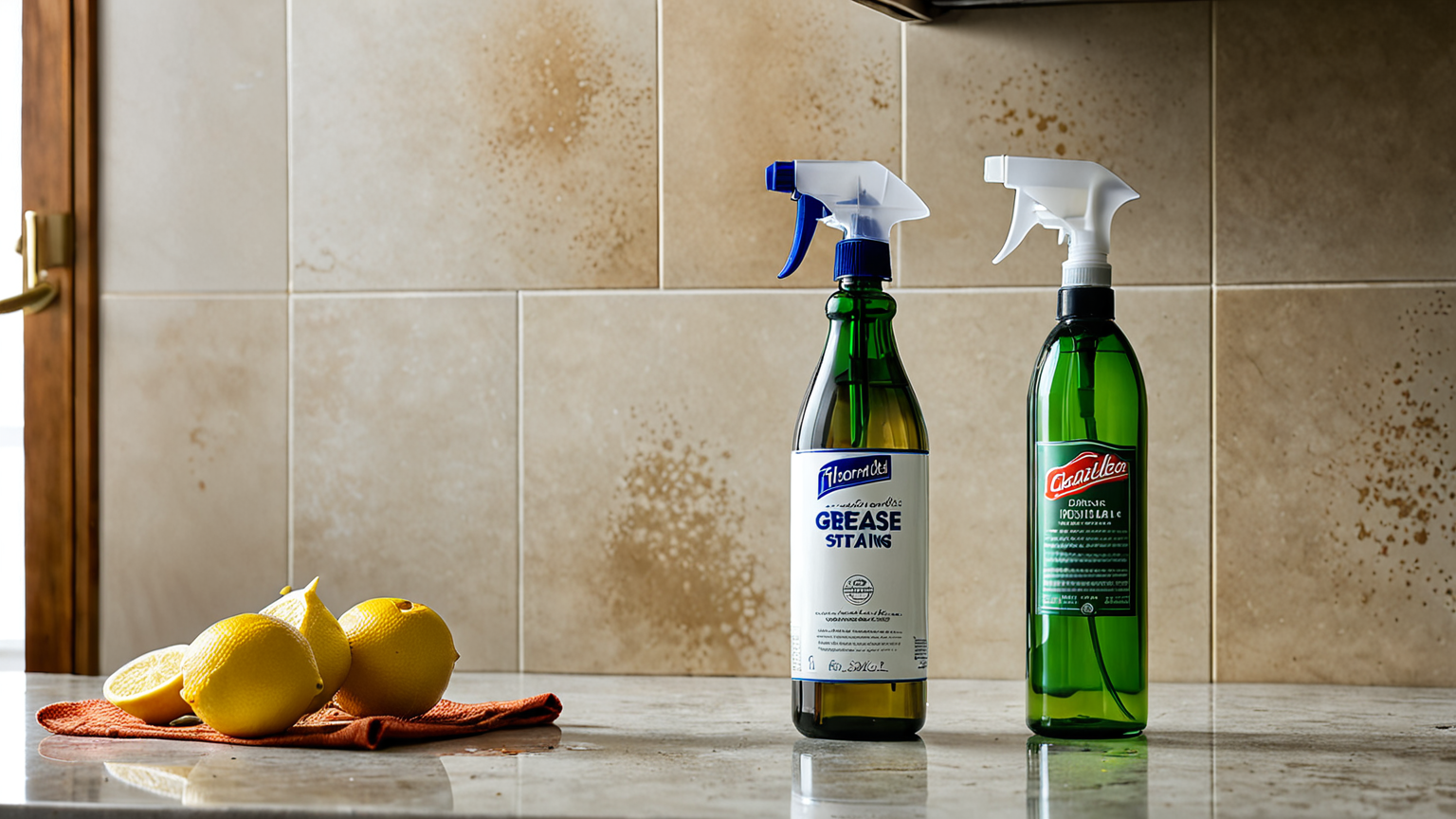 壁の油汚れにスプレーをかける様子