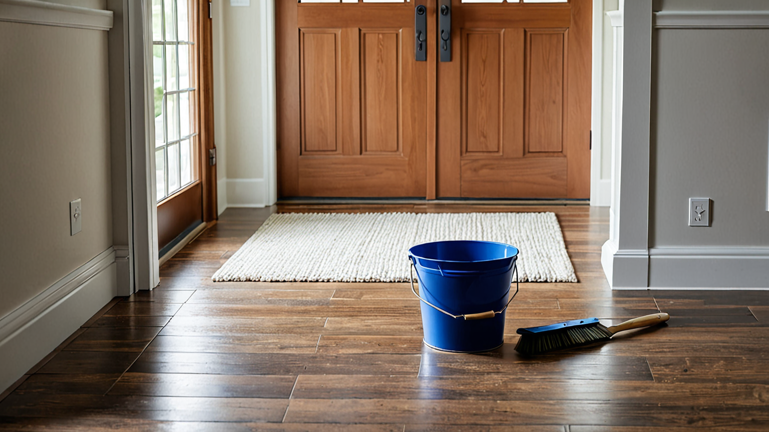 バケツとブラシで三和土を掃除している様子