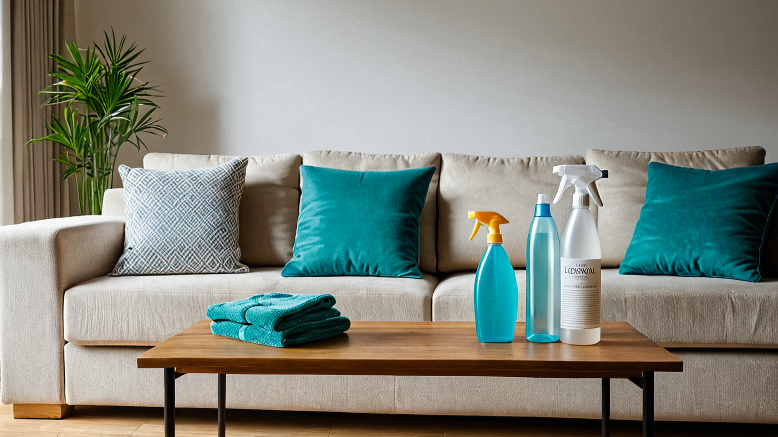 ソファに重曹スプレーをかけている様子