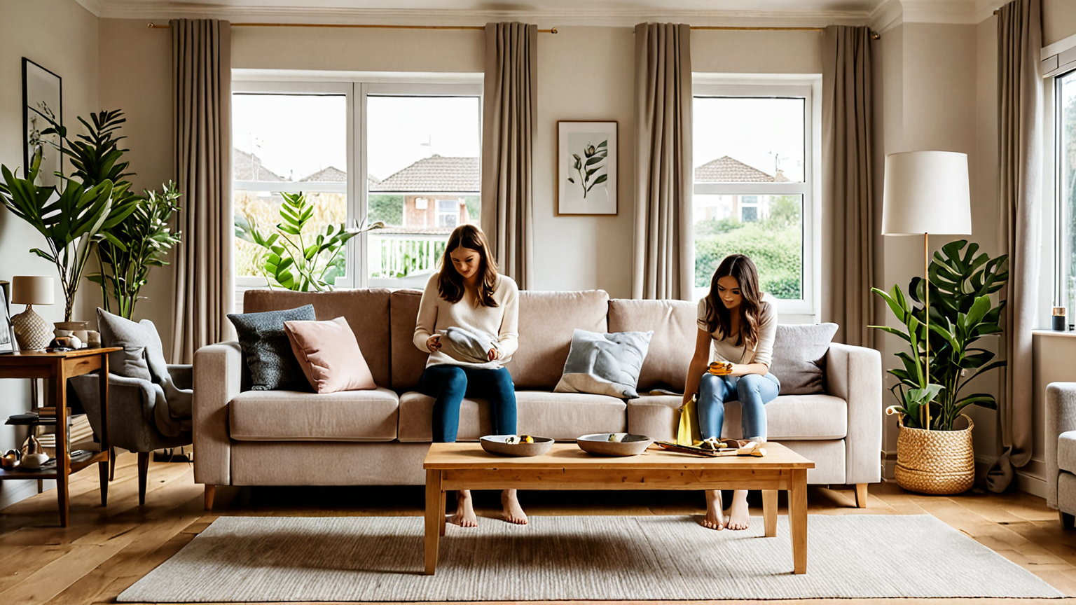 ソファを掃除している家族