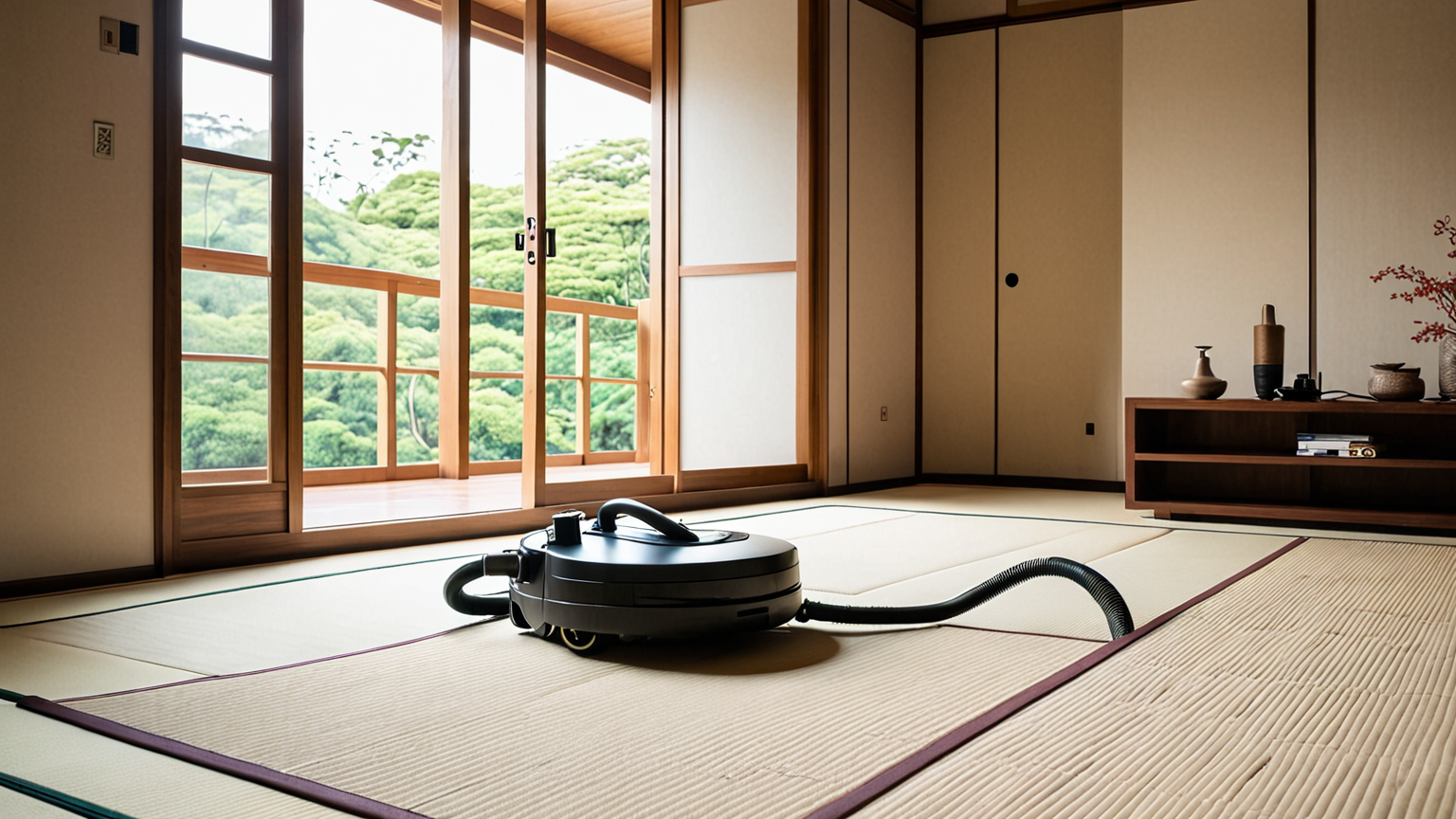 畳の上で掃除機をかけている様子