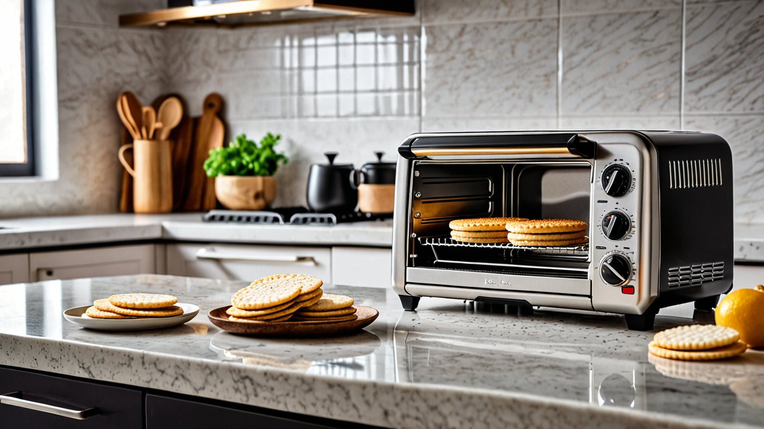 オーブントースターでせんべいを温める様子