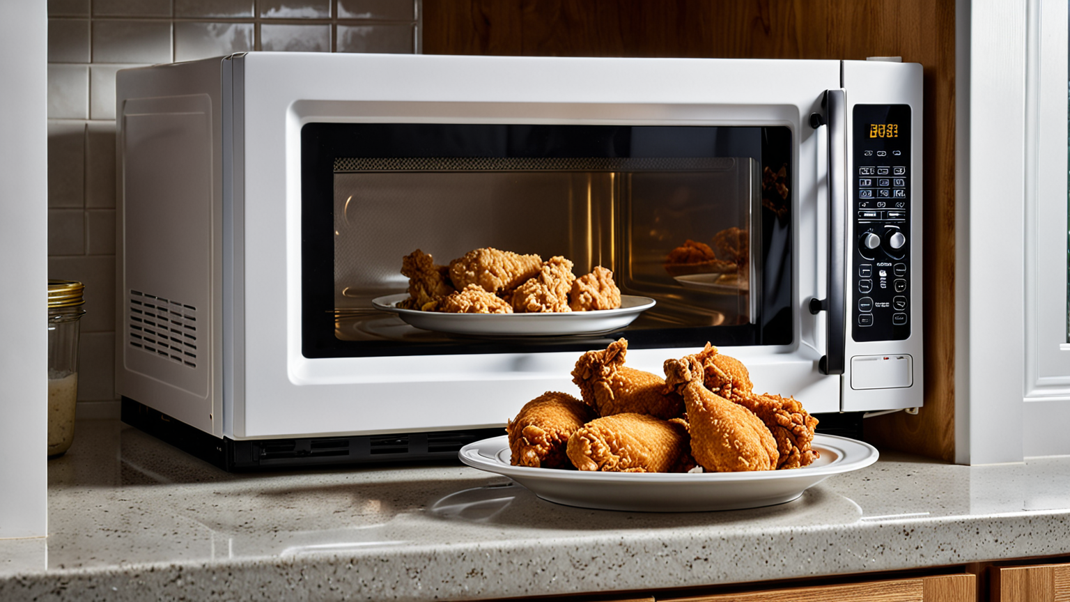 電子レンジで唐揚げを解凍する様子