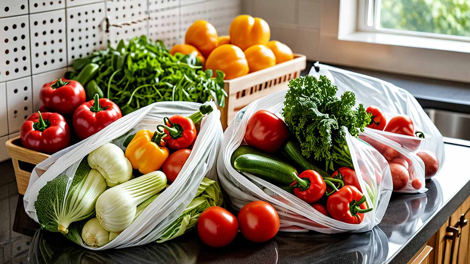 ポリ袋に穴をあけた野菜の保存例