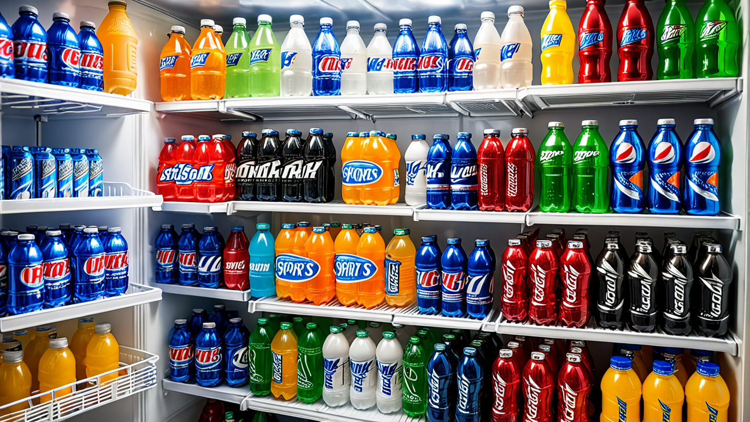 冷蔵庫に入ったスポーツドリンクのペットボトル