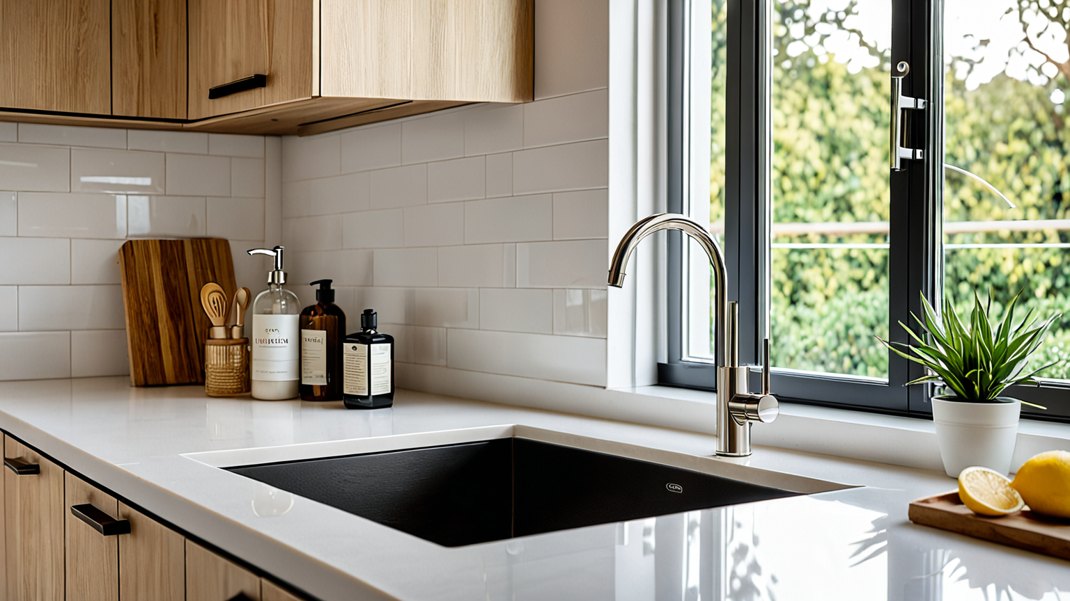 手を洗う様子と清潔なキッチン