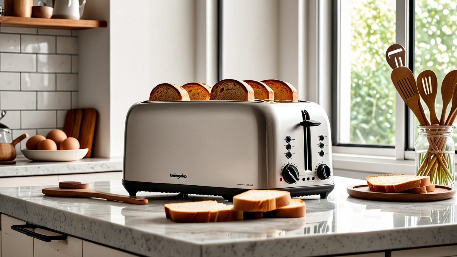 トースターでパンを温めている様子