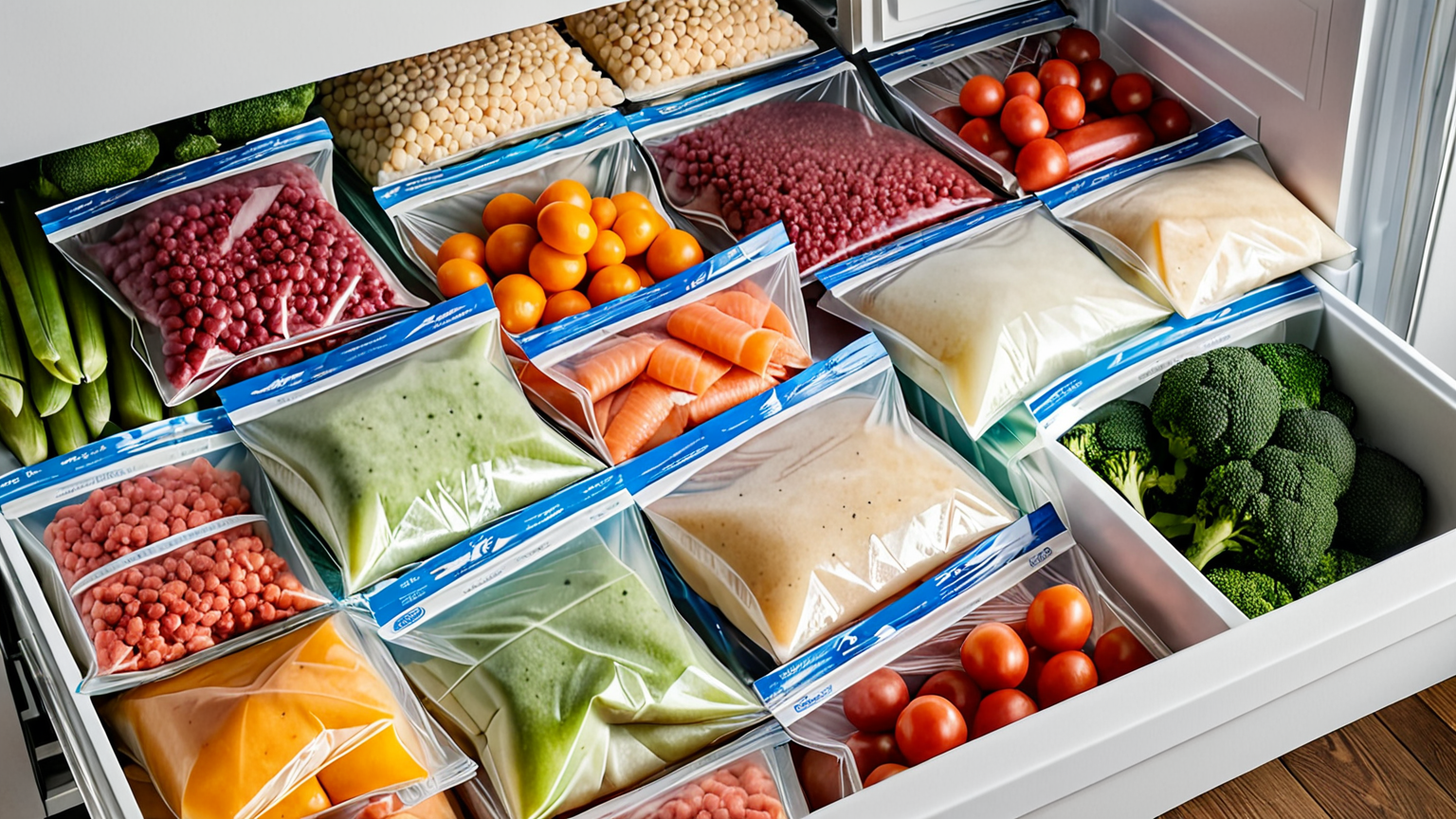 冷凍庫内のラベル付き保存袋